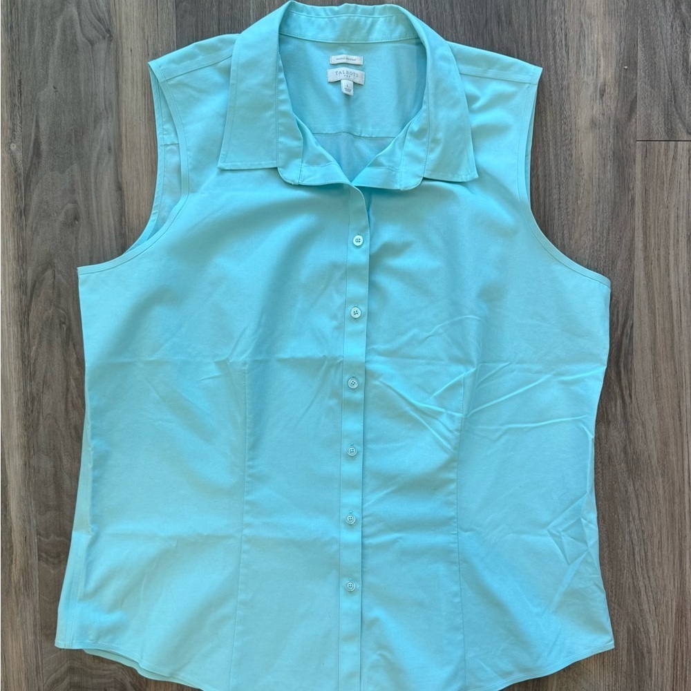 Talbots Wrinkle Resistant Button-Down Sleeveless Turquoise Top Size L